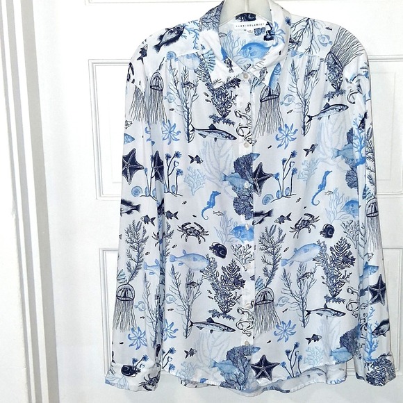 Jane + Delancey Tops - Jane + Delancey Womens Blue Sea Life Print Rayon Button Down Shirt Size Medium